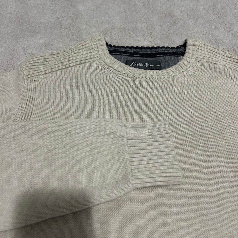 Eddie Bauer Sweater Mens Medium Beige Ribbed Knit Cotton Crewneck Pullover